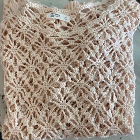 NET Ladies Peach Open Crochet Knit Peach Sweater Size: S - Picture 8 of 8
